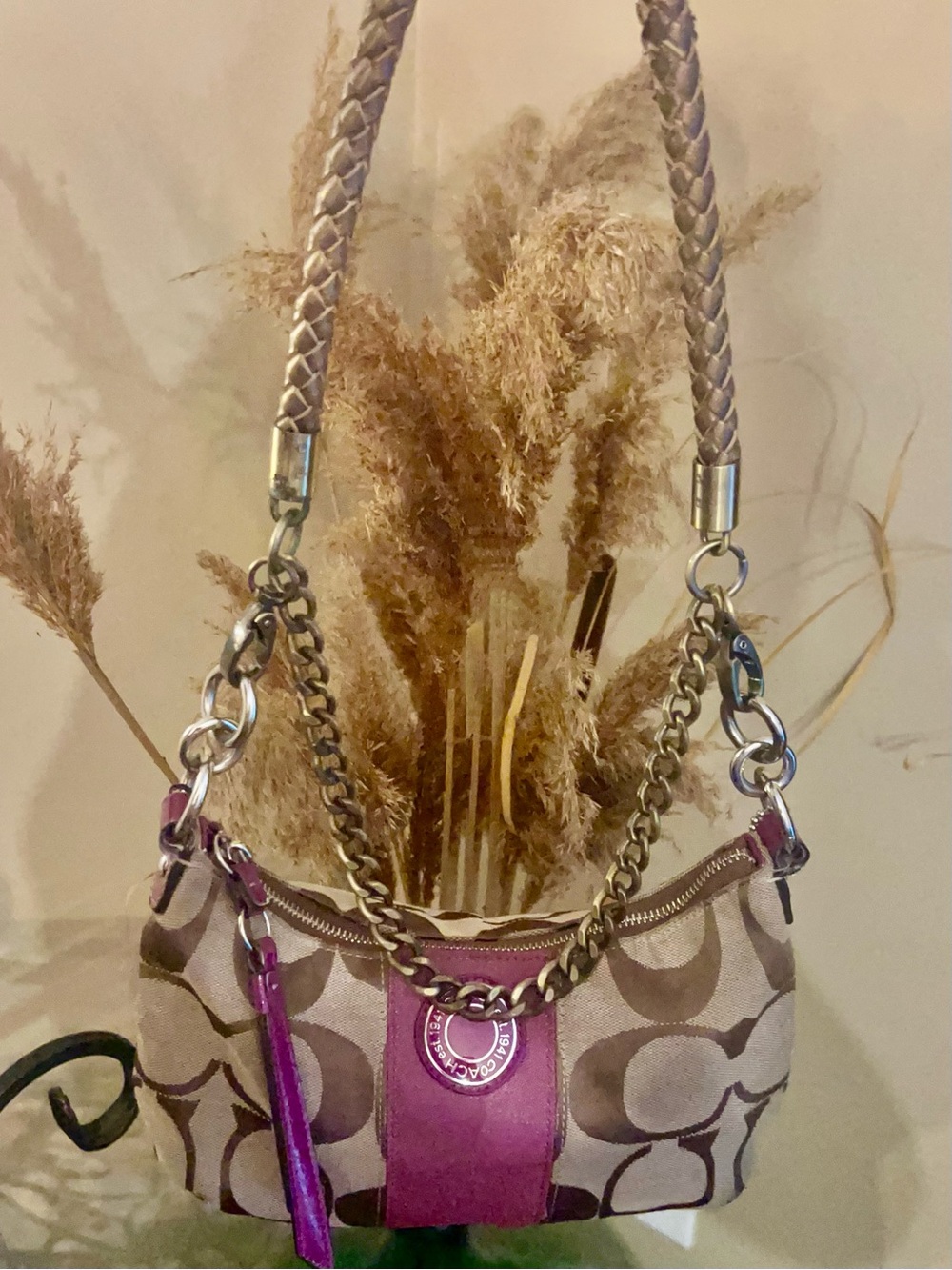 Coach Vintage Signature Canvas Shoulder Bag with Magenta Accents - Picture 8 of 16